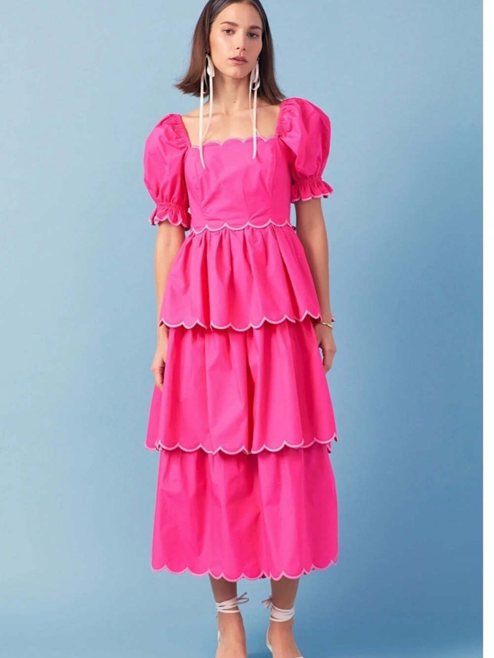 English Factory Hot Pink Tiered Midi Dress with Scalloped Trim